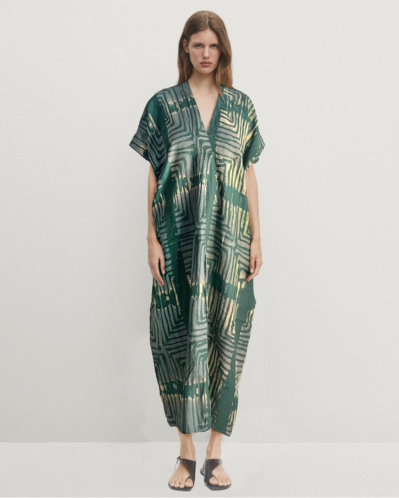 Women Green Linen Batik Ics Dress